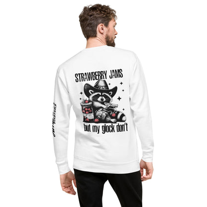 White Amp'd Up Custom Sweatshirt featuring 'Strawberry Jams, But My Glock Don't' back illustration with a raccoon graphic