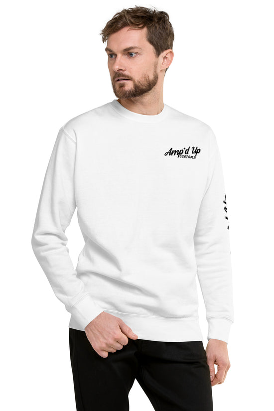 Front view of a white Amp'd Up Custom sweatshirt featuring Strawberry Jams, But My Glock Don't design