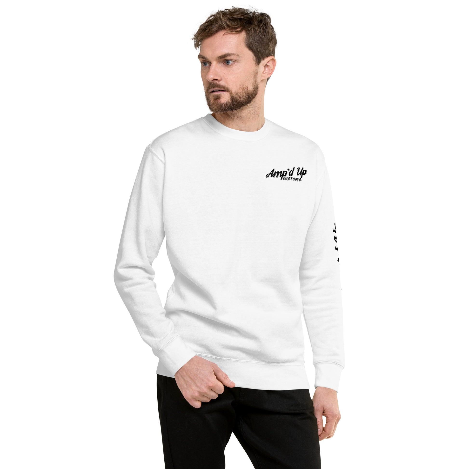 Front view of a white Amp'd Up Custom sweatshirt featuring Strawberry Jams, But My Glock Don't design