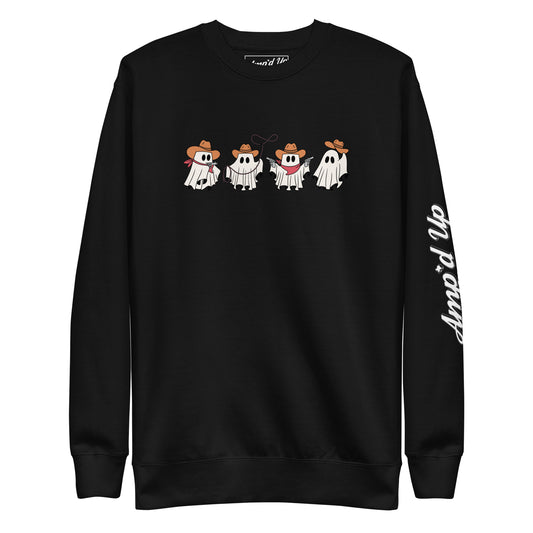 Amp'd Up Custom black Cowboy Ghosts Sweatshirt with four cartoon ghost cowboys and brand logo on sleeve