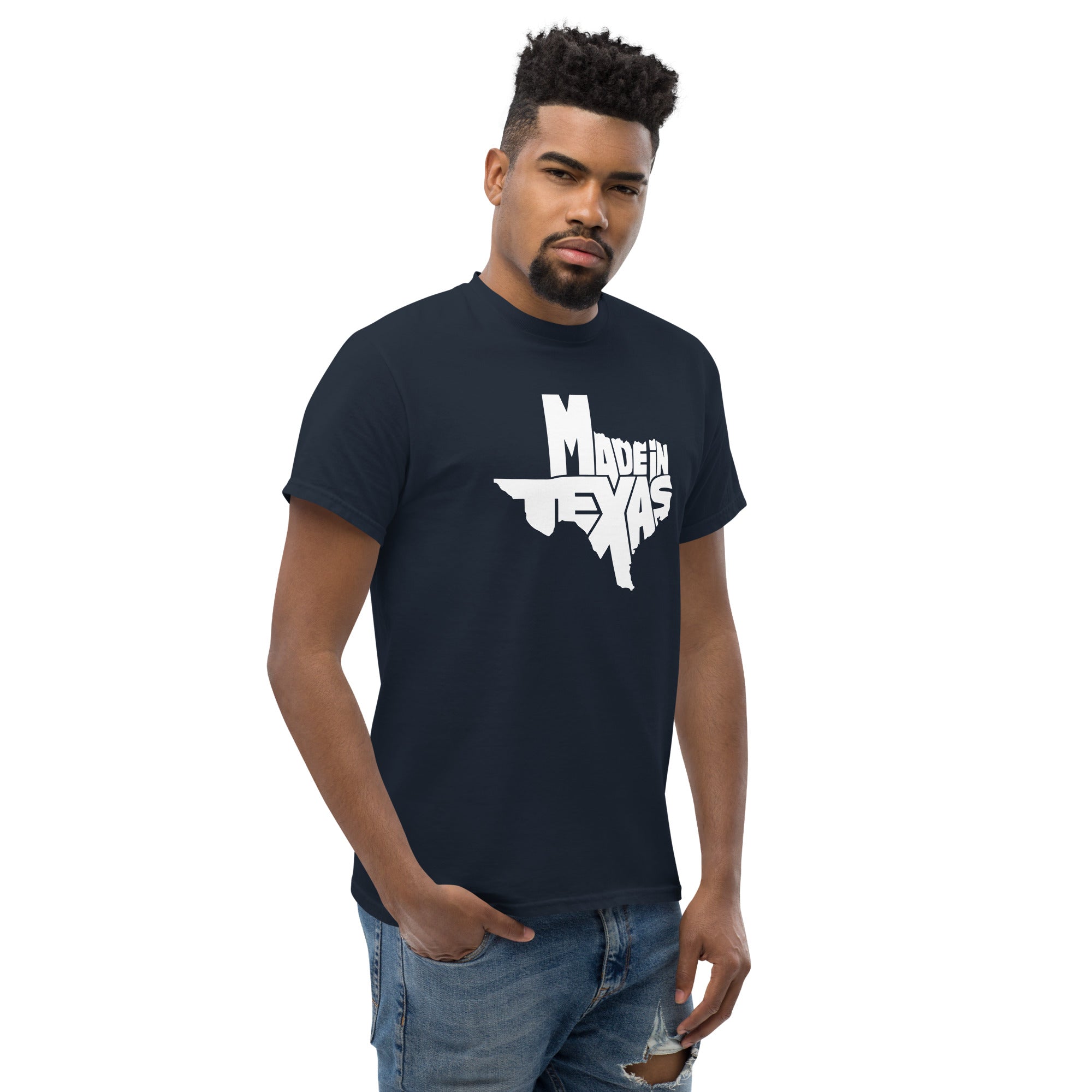 Navy Made in Texas T-Shirt by AMP'D UP CUSTOMS showcasing authentic Texas pride apparel
