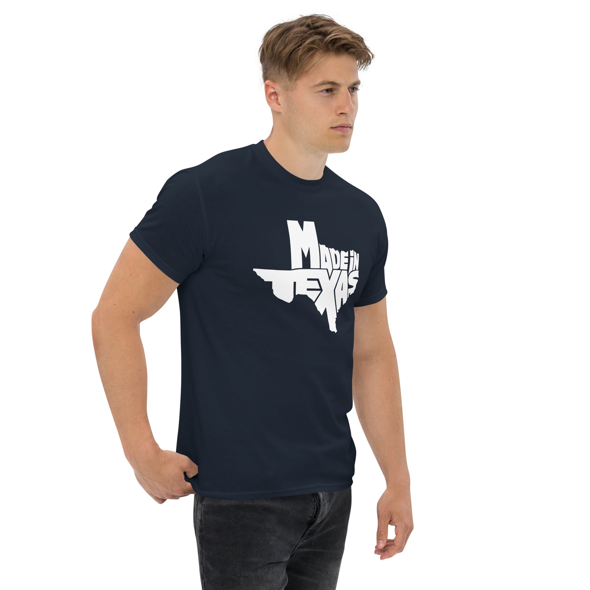 Model wearing a Made in Texas T-Shirt Authentic Texas Pride Apparel in navy blue with bold white graphic