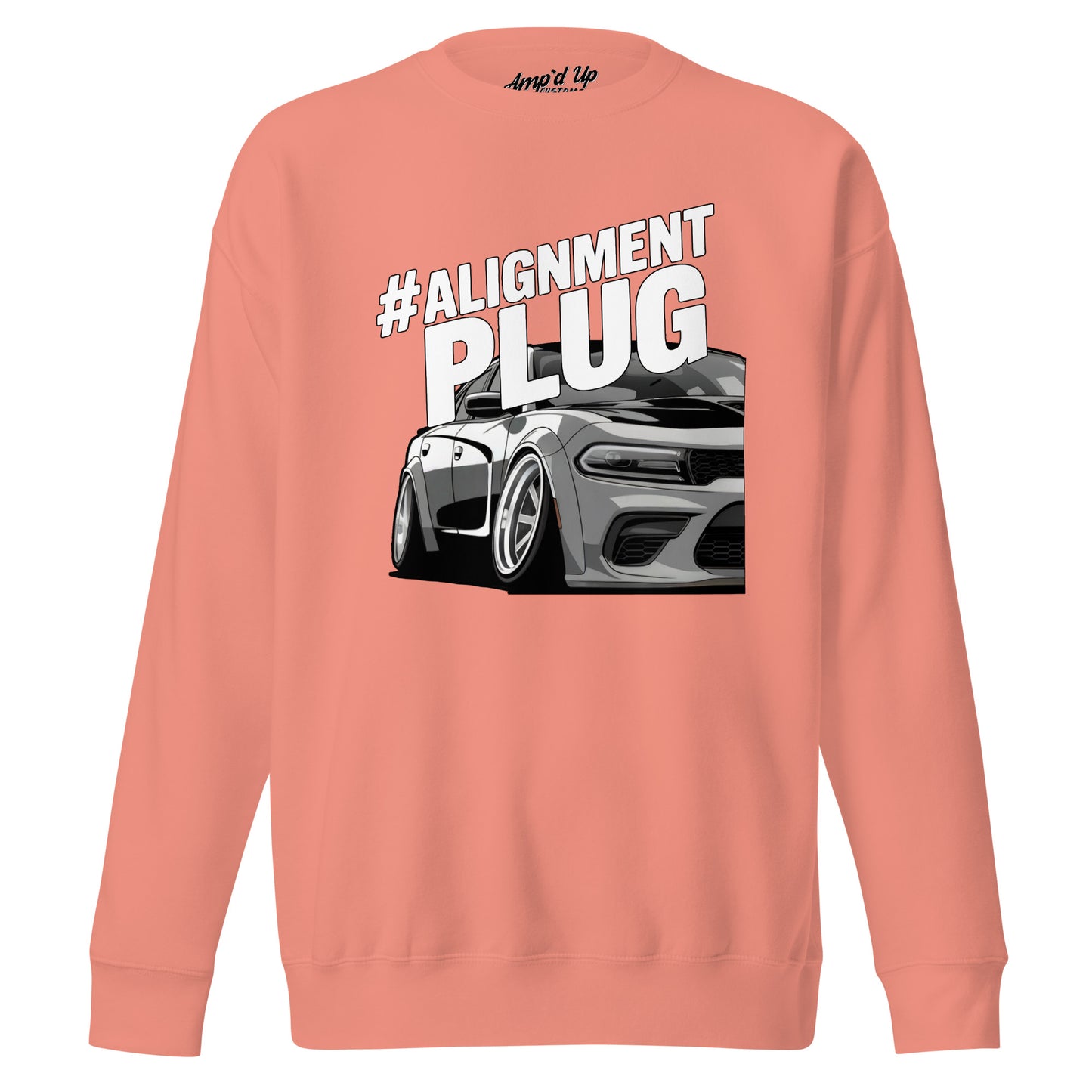 Amp'd Up Custom Alignment PLUG Sweatshirt in coral with graphic car design