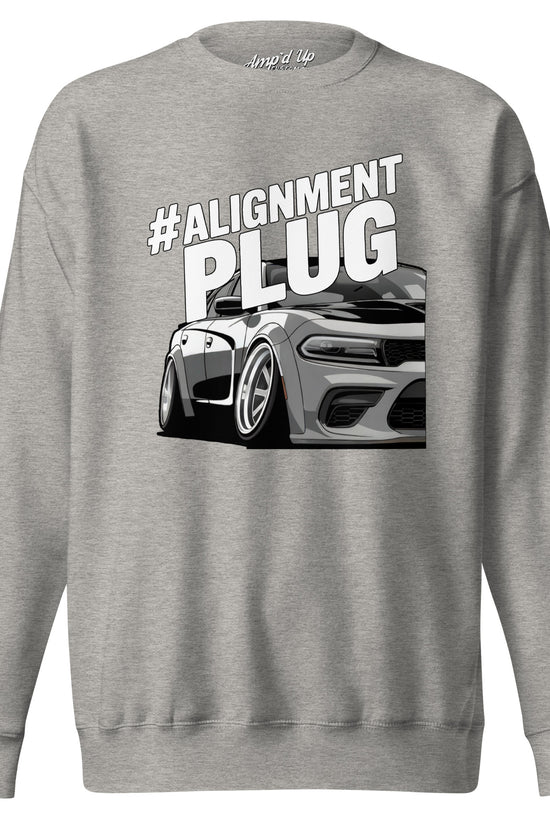 Amp'd Up Custom Alignment PLUG Sweatshirt in grey featuring a car graphic for automotive enthusiasts