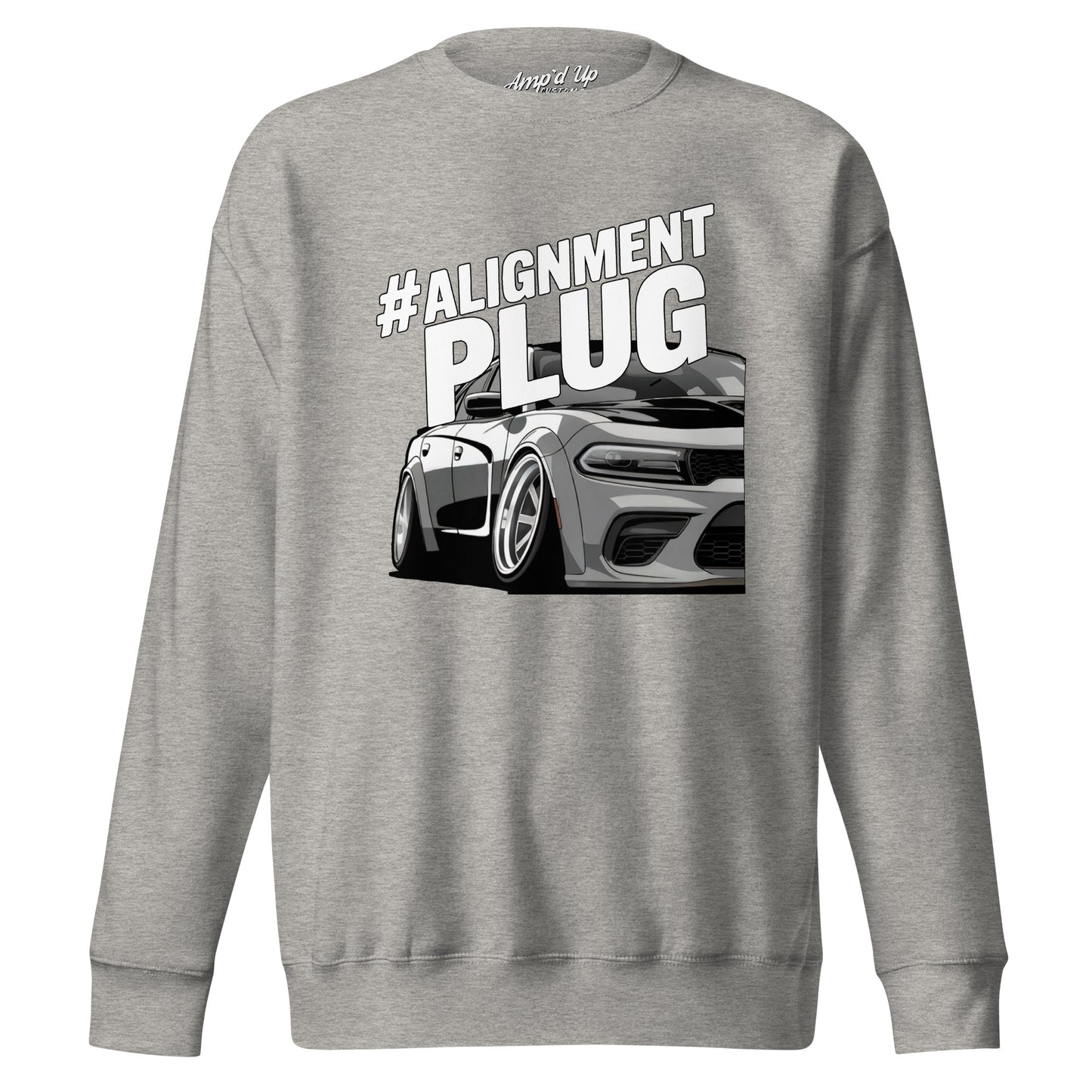 Amp'd Up Custom Alignment PLUG Sweatshirt in grey featuring a car graphic for automotive enthusiasts
