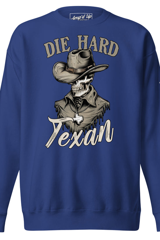 Amp'd Up Custom Die Hard Texan Sweatshirt in Blue with Graphic Cowboy Design