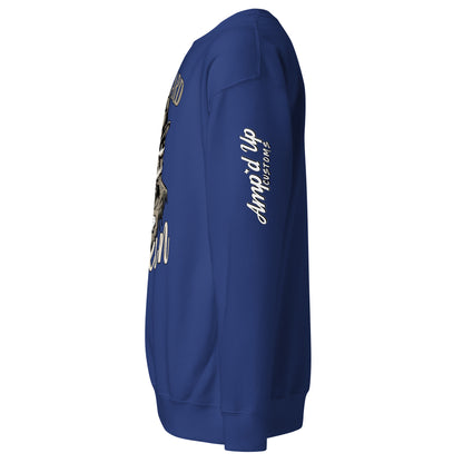 Side view of Die Hard Texan Sweatshirt in blue from Amp'd Up Custom with stylish graphic design