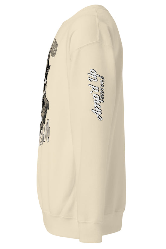 Side view of Die Hard Texan Sweatshirt in cream color featuring bold graphic design.