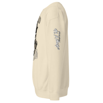 Side view of Die Hard Texan Sweatshirt in cream color featuring bold graphic design.