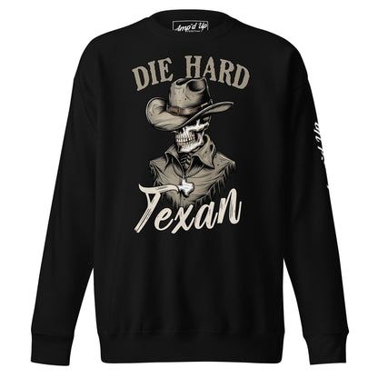 Amp'd Up Custom Die Hard Texan Sweatshirt featuring a skeleton cowboy graphic on black fabric