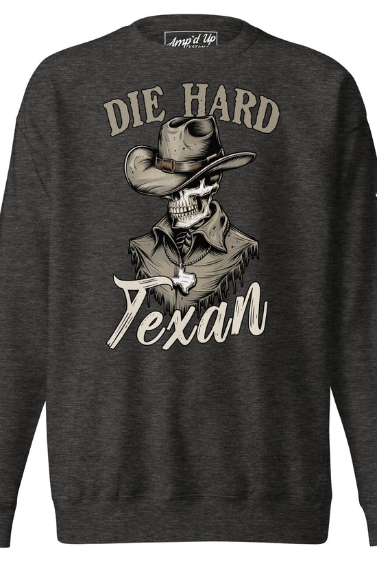 Die Hard Texan Sweatshirt featuring a cowboy graphic on a dark background for casual style