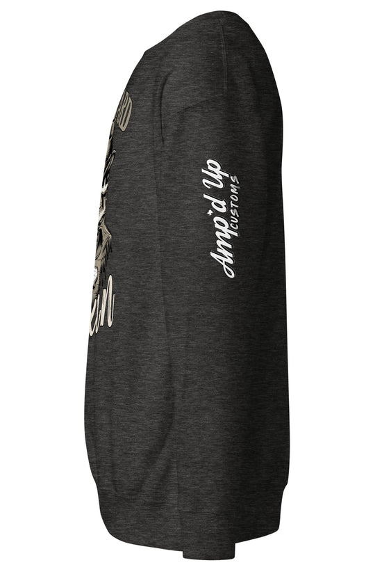 Side view of the Die Hard Texan Sweatshirt by Amp'd Up Custom in dark gray with graphic design