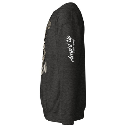Side view of the Die Hard Texan Sweatshirt by Amp'd Up Custom in dark gray with graphic design