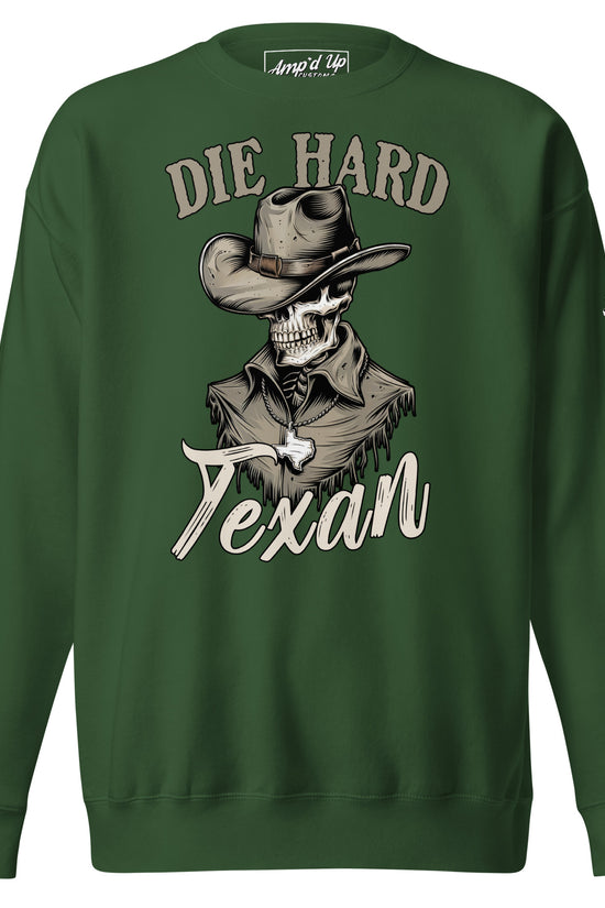 Die Hard Texan Sweatshirt in green featuring a skull in a cowboy hat design