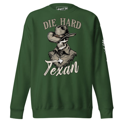 Die Hard Texan Sweatshirt in green featuring a skull in a cowboy hat design