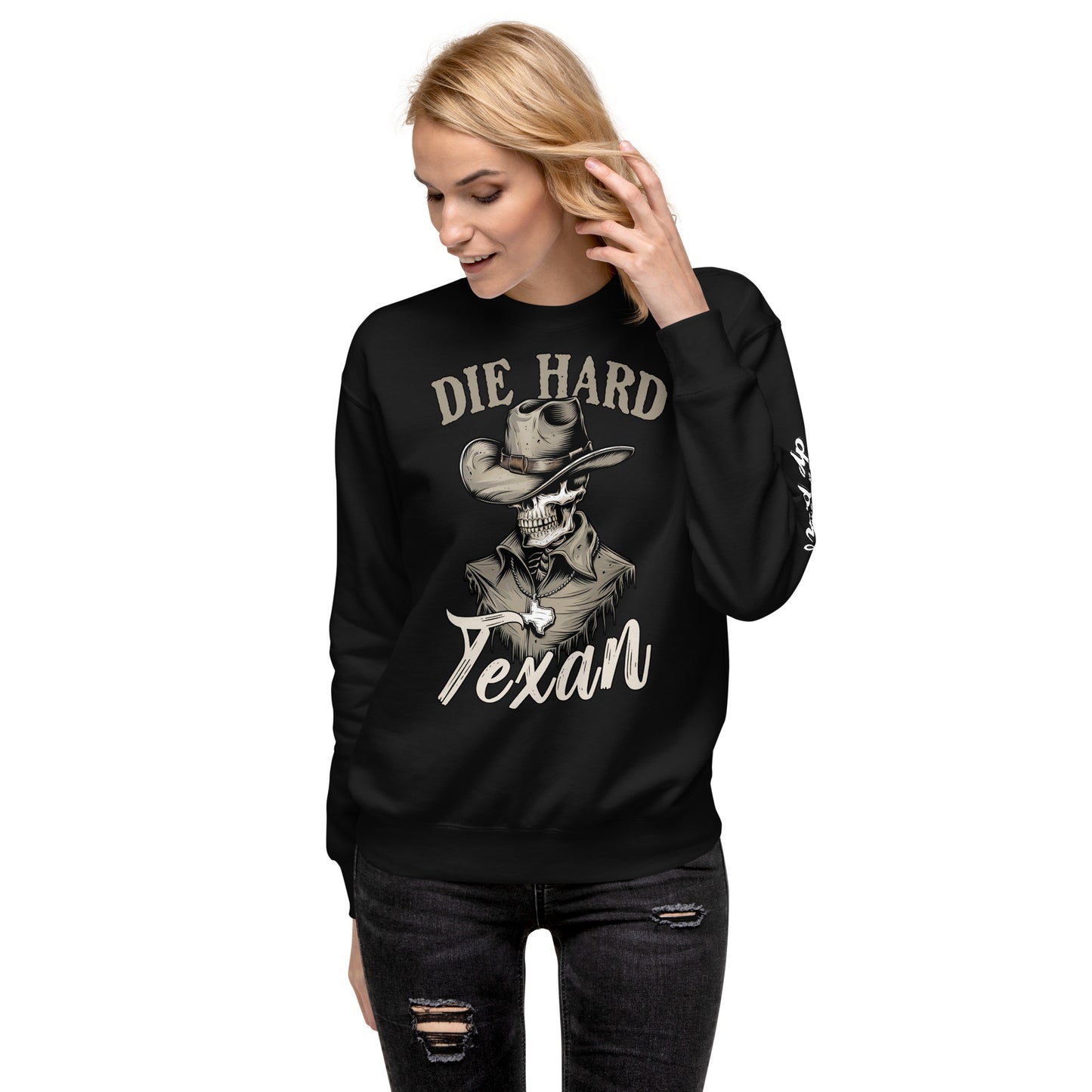 Die Hard Texan Sweatshirt in black featuring cowboy graphic and stylish design for casual wear