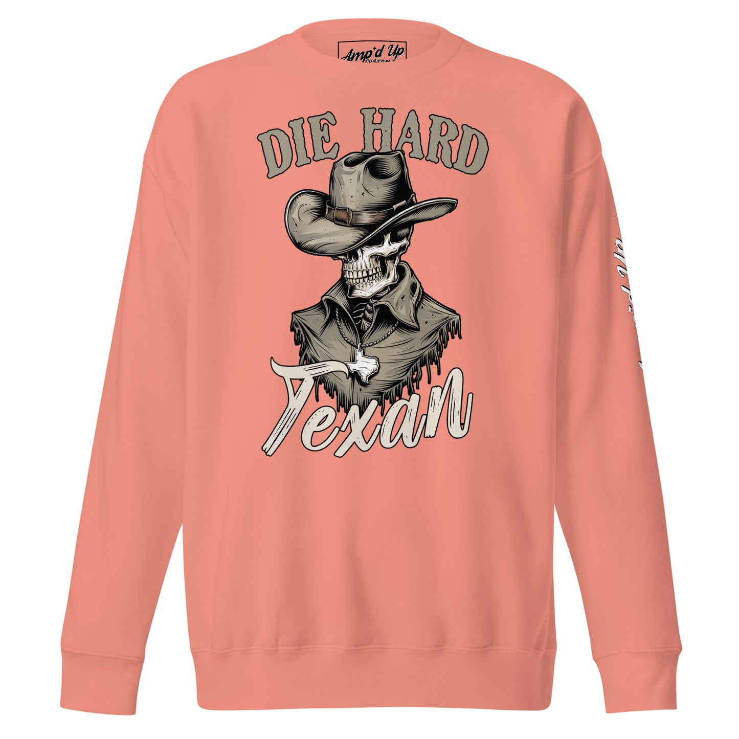 Die Hard Texan Sweatshirt in Salmon Color Featuring Cowboy Graphic Design
