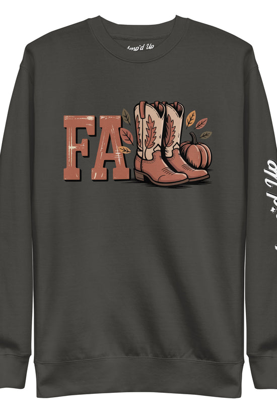 Amp'd Up Custom Southern Fall Sweatshirt with cowboy boots and pumpkin design on dark fabric