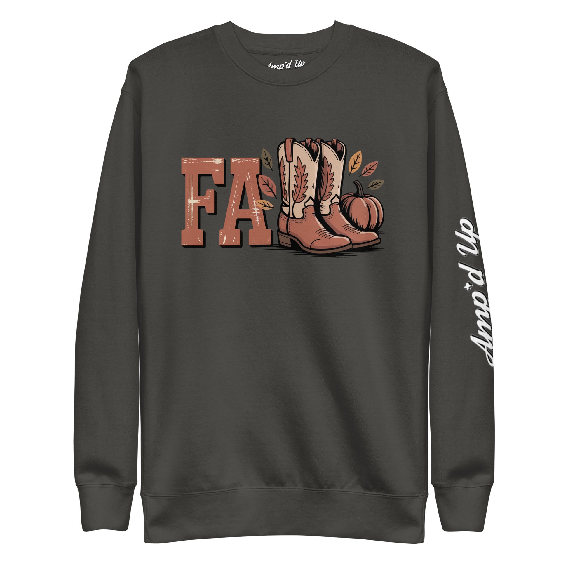 Amp'd Up Custom Southern Fall Sweatshirt with cowboy boots and pumpkin design on dark fabric