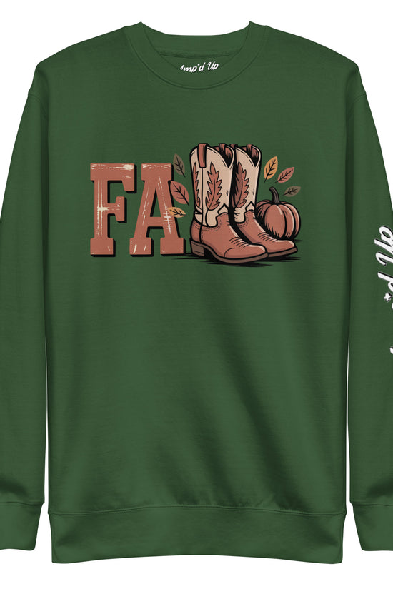 Amp'd Up Custom Southern Fall Sweatshirt in green with cowboy boots, pumpkin, and fall leaves graphic