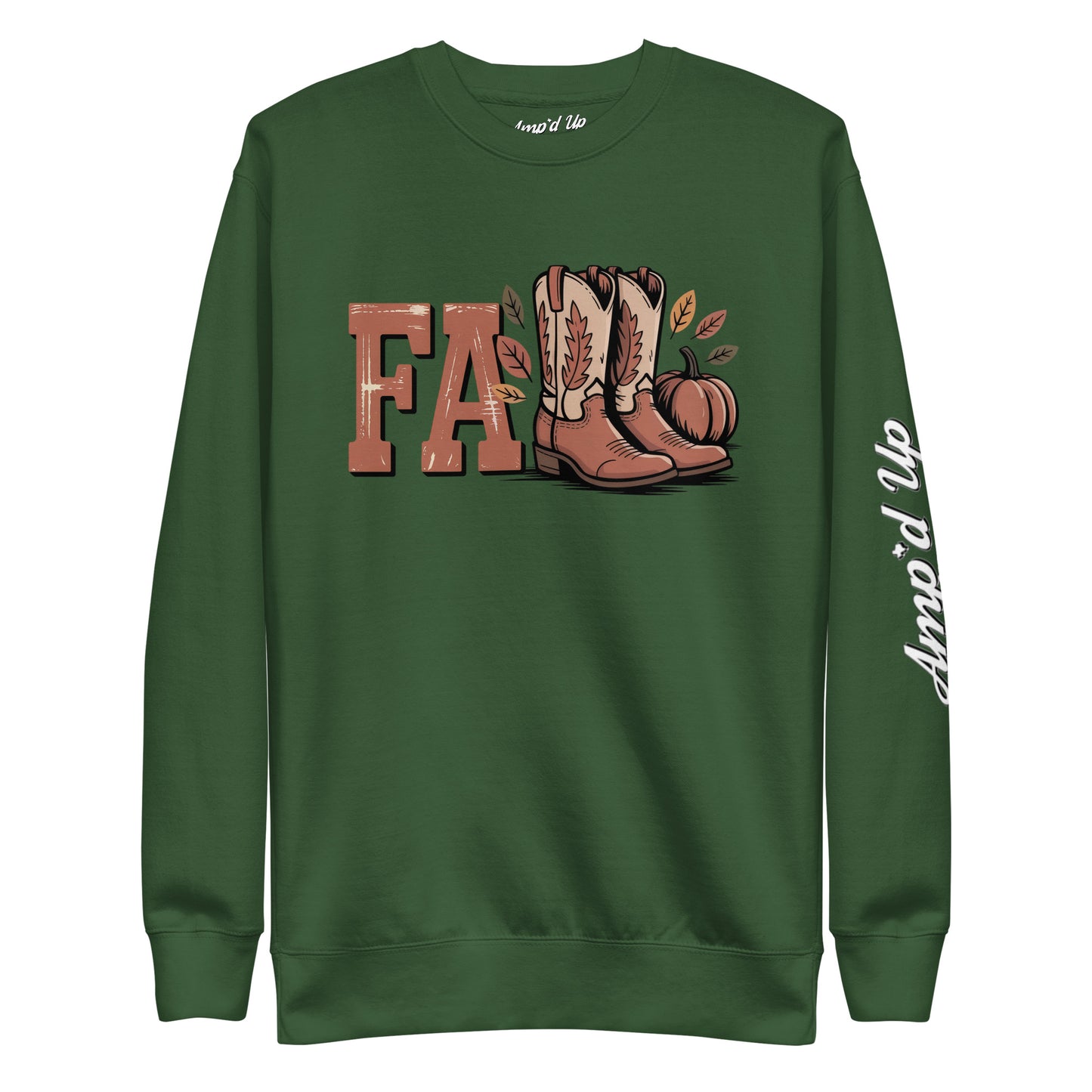 Amp'd Up Custom Southern Fall Sweatshirt in green with cowboy boots, pumpkin, and fall leaves graphic