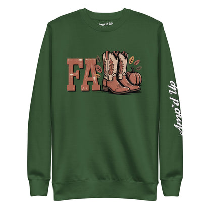 Amp'd Up Custom Southern Fall Sweatshirt in green with cowboy boots, pumpkin, and fall leaves graphic