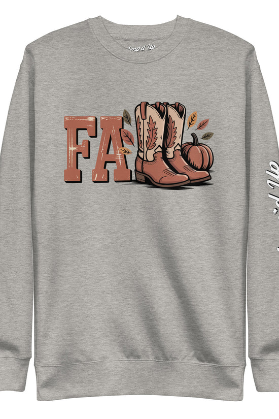 Gray Southern Fall Sweatshirt by Amp'd Up Custom with autumn boots and pumpkin graphic on front