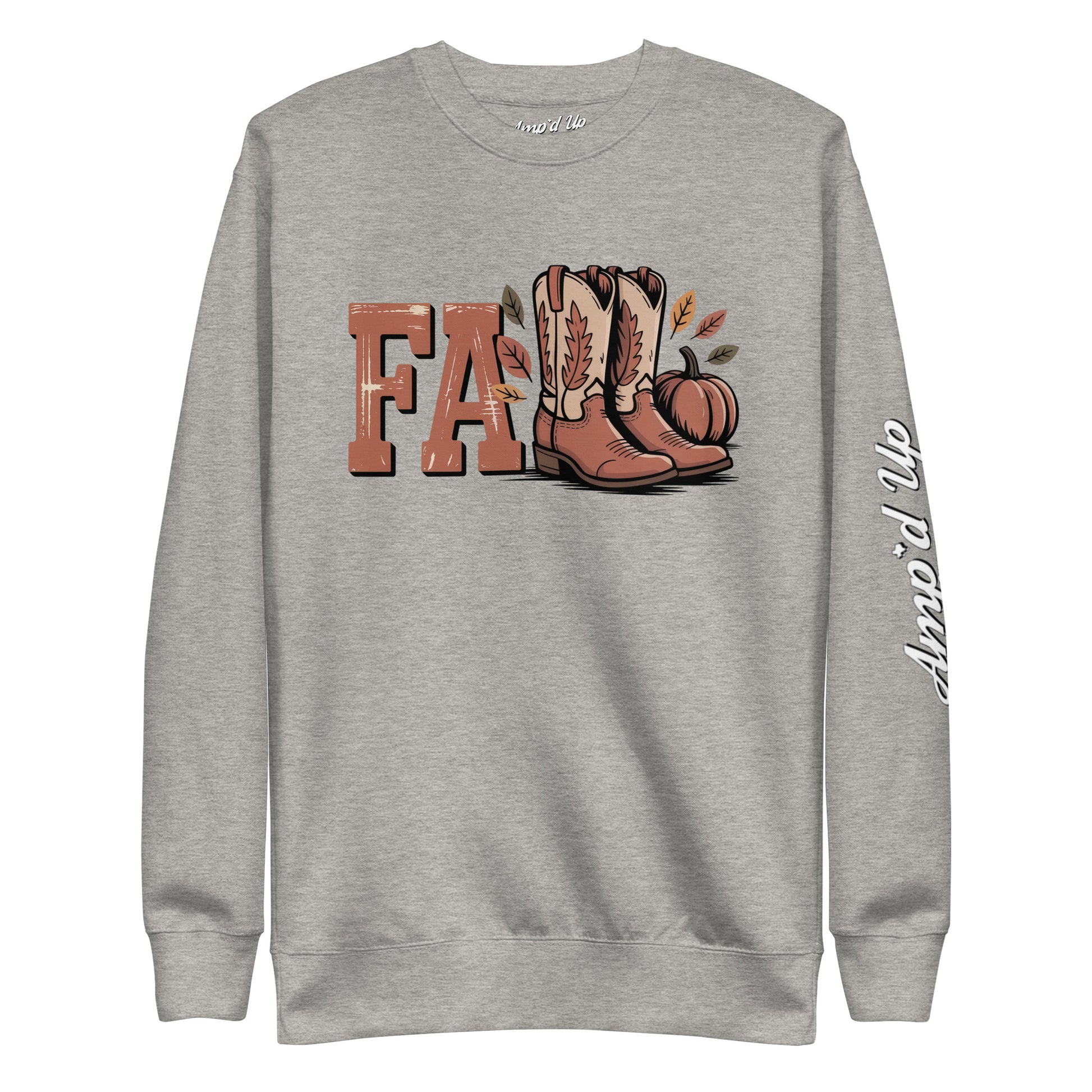 Gray Southern Fall Sweatshirt by Amp'd Up Custom with autumn boots and pumpkin graphic on front
