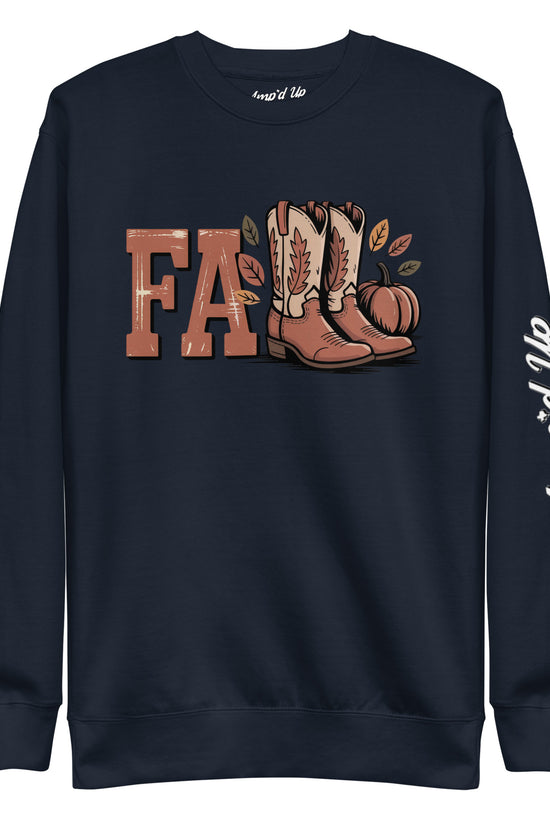 Amp'd Up Custom Southern Fall Sweatshirt navy sweatshirt with cowboy boots pumpkin and fall leaves design