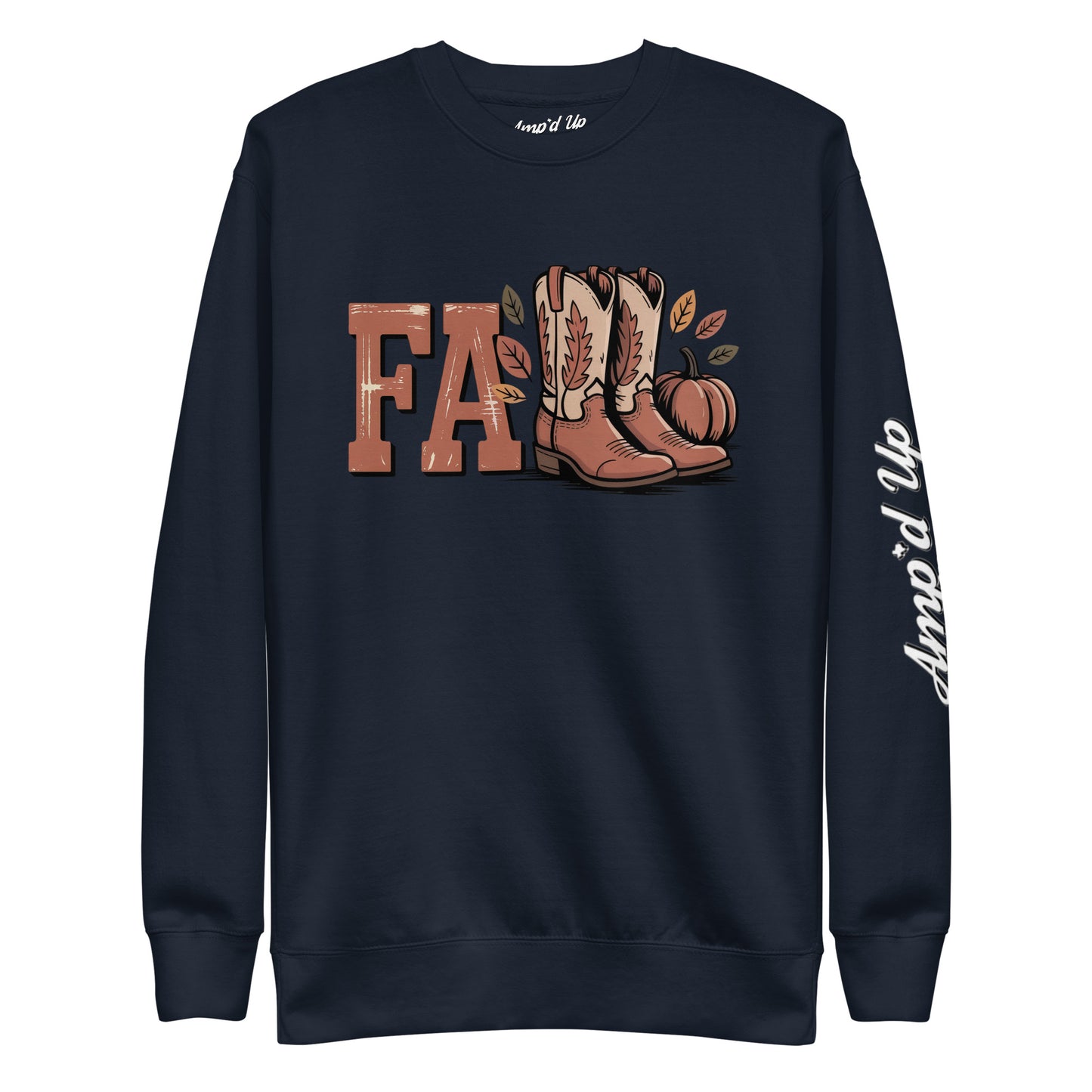 Amp'd Up Custom Southern Fall Sweatshirt navy sweatshirt with cowboy boots pumpkin and fall leaves design