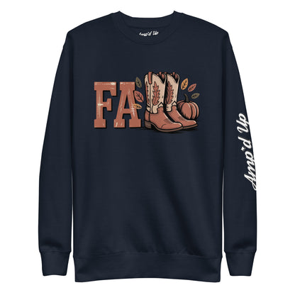 Amp'd Up Custom Southern Fall Sweatshirt navy sweatshirt with cowboy boots pumpkin and fall leaves design