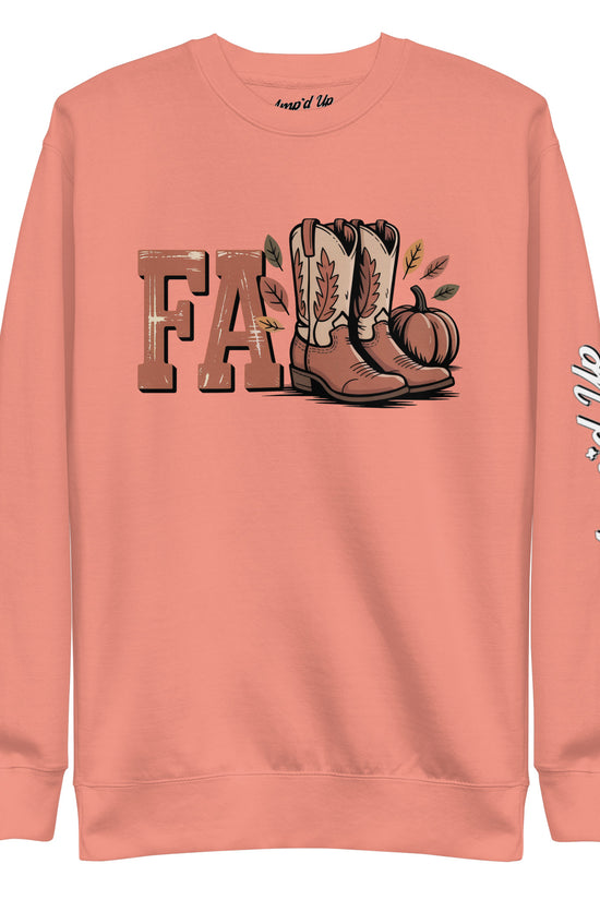 Amp'd Up Custom Southern Fall Sweatshirt in peach with fall boots and pumpkin graphic design