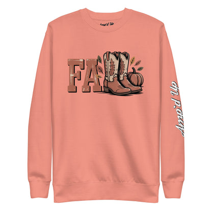 Amp'd Up Custom Southern Fall Sweatshirt in peach with fall boots and pumpkin graphic design