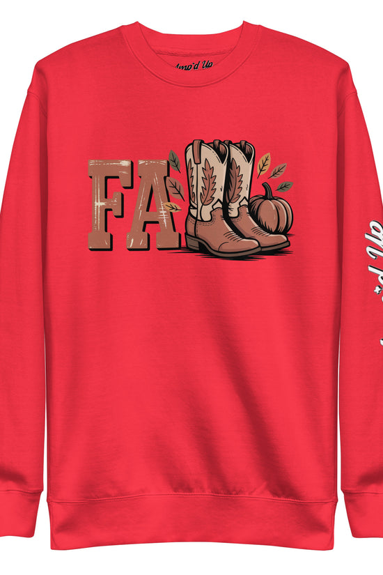 Red Southern Fall Sweatshirt by Amp'd Up Custom with cowboy boots pumpkin design and logo on sleeve