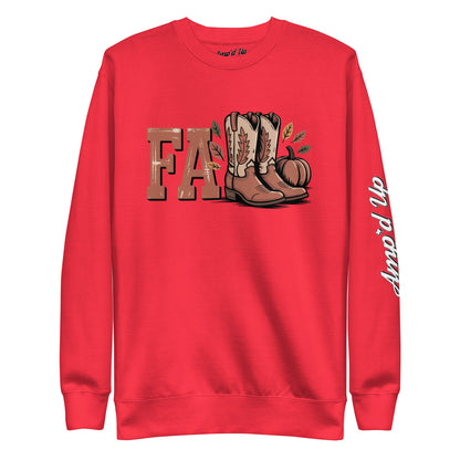Red Southern Fall Sweatshirt by Amp'd Up Custom with cowboy boots pumpkin design and logo on sleeve