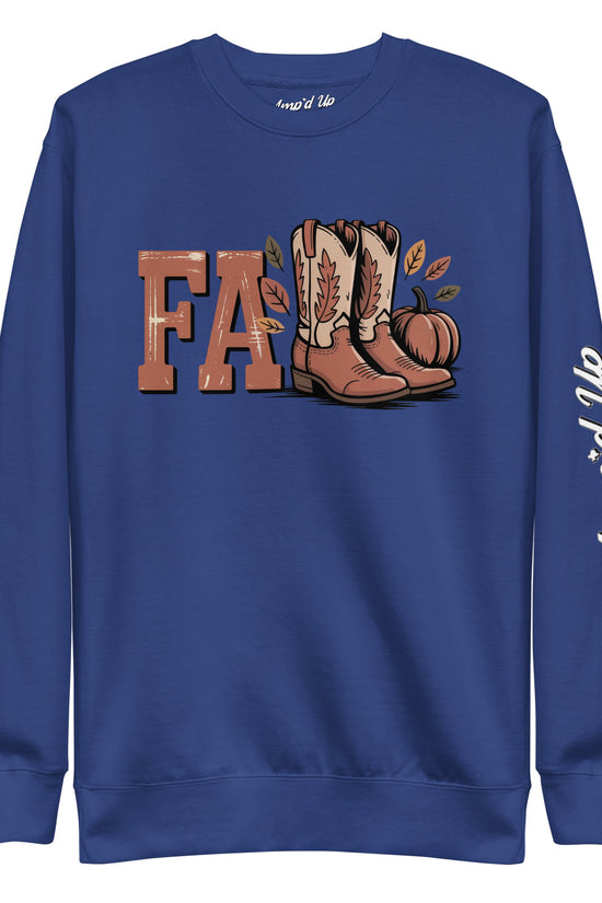 Amp'd Up Custom Southern Fall Sweatshirt in blue with cowboy boots and pumpkin design