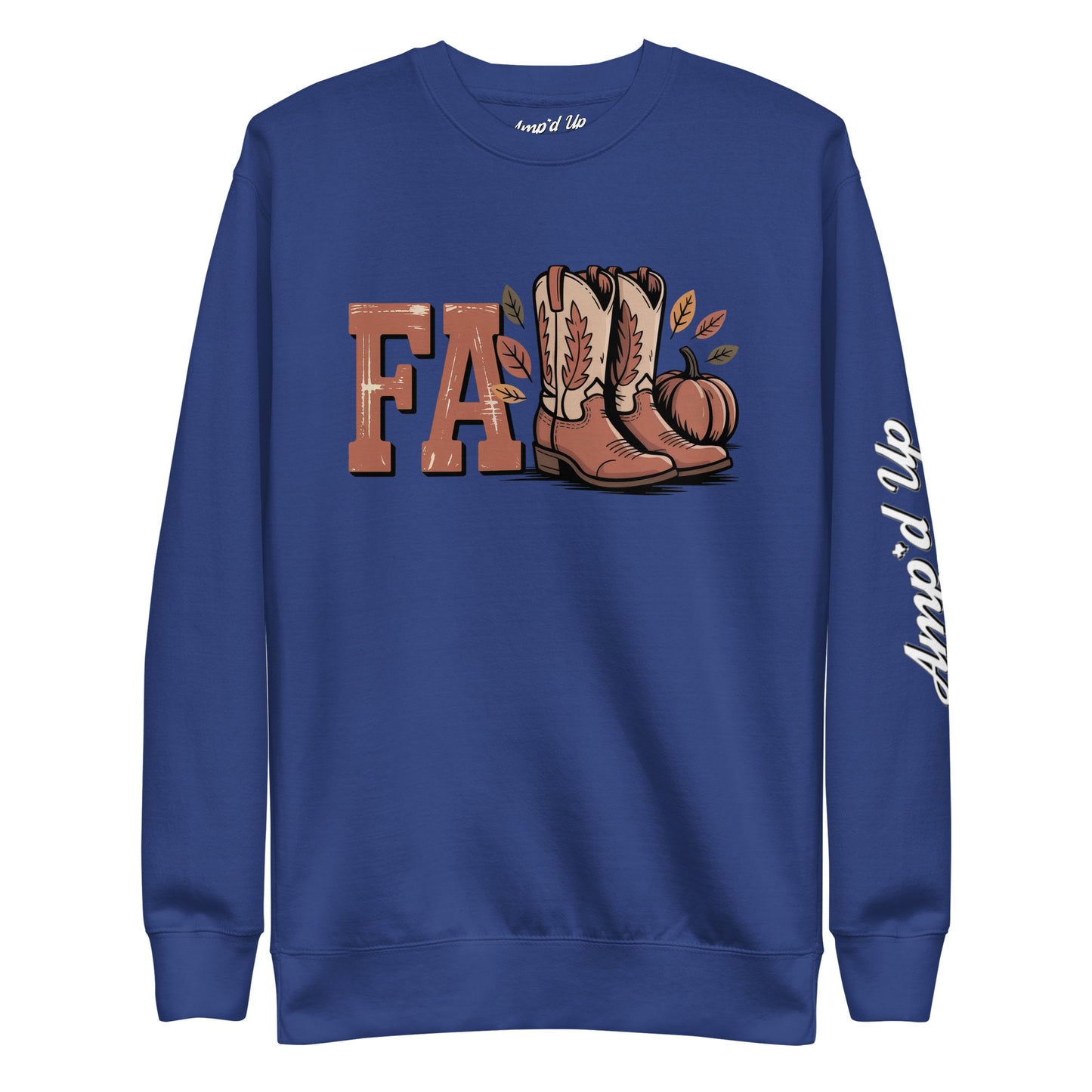 Amp'd Up Custom Southern Fall Sweatshirt in blue with cowboy boots and pumpkin design