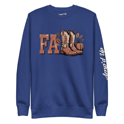 Amp'd Up Custom Southern Fall Sweatshirt in blue with cowboy boots and pumpkin design
