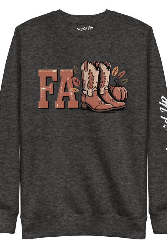 Amp'd Up Custom Southern Fall Sweatshirt charcoal with fall boots, pumpkin graphic, and Amp'd Up sleeve logo