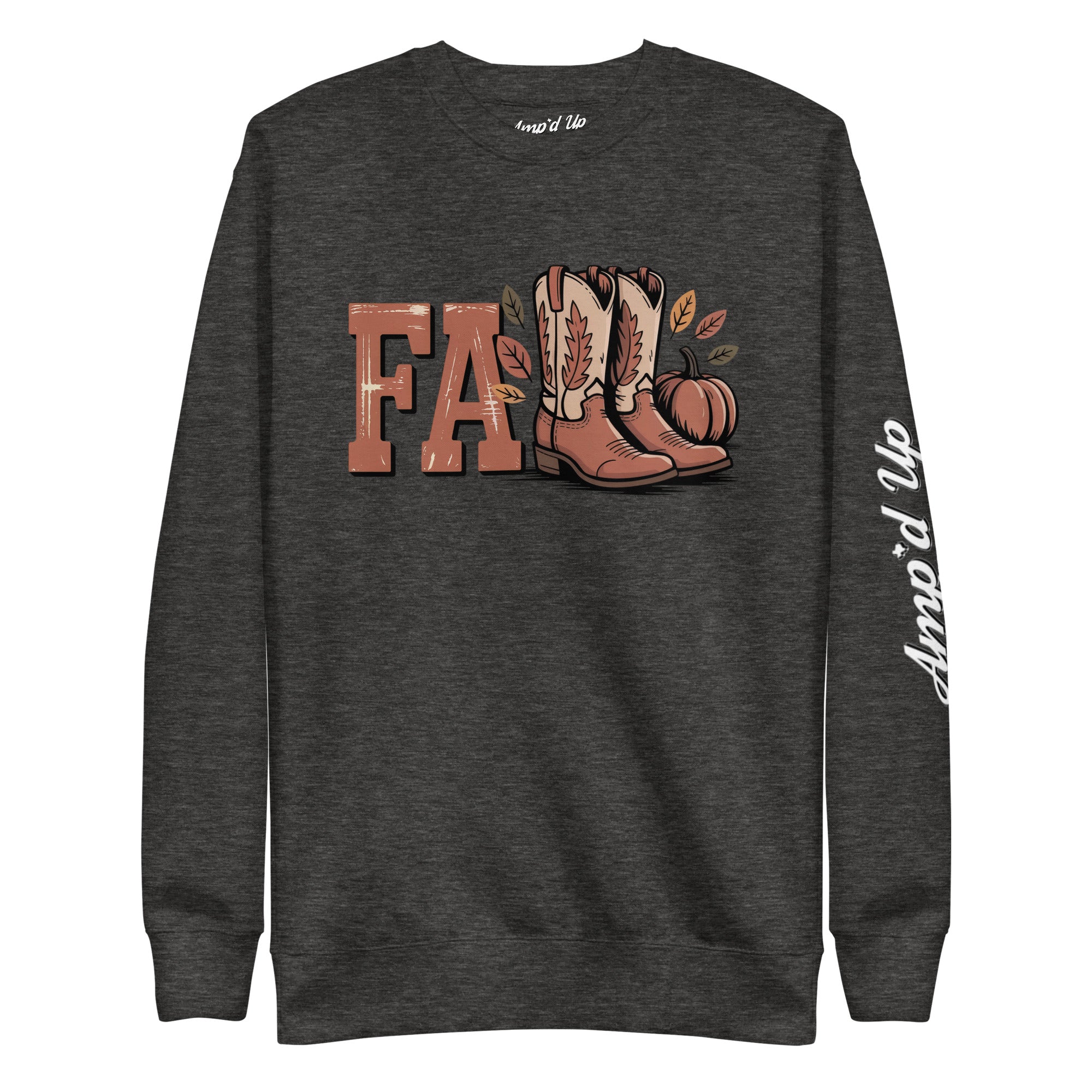 Amp'd Up Custom Southern Fall Sweatshirt charcoal with fall boots, pumpkin graphic, and Amp'd Up sleeve logo