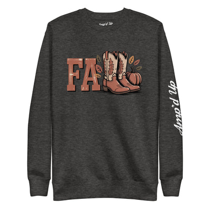 Amp'd Up Custom Southern Fall Sweatshirt charcoal with fall boots, pumpkin graphic, and Amp'd Up sleeve logo