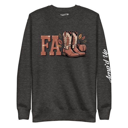 Amp'd Up Custom Southern Fall Sweatshirt charcoal with fall boots, pumpkin graphic, and Amp'd Up sleeve logo