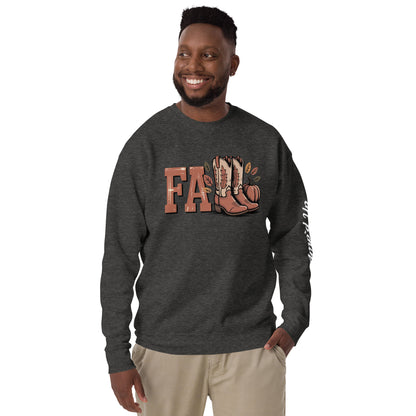 Amp'd Up Custom Southern Fall Sweatshirt in dark gray with boots and pumpkin design worn by smiling man