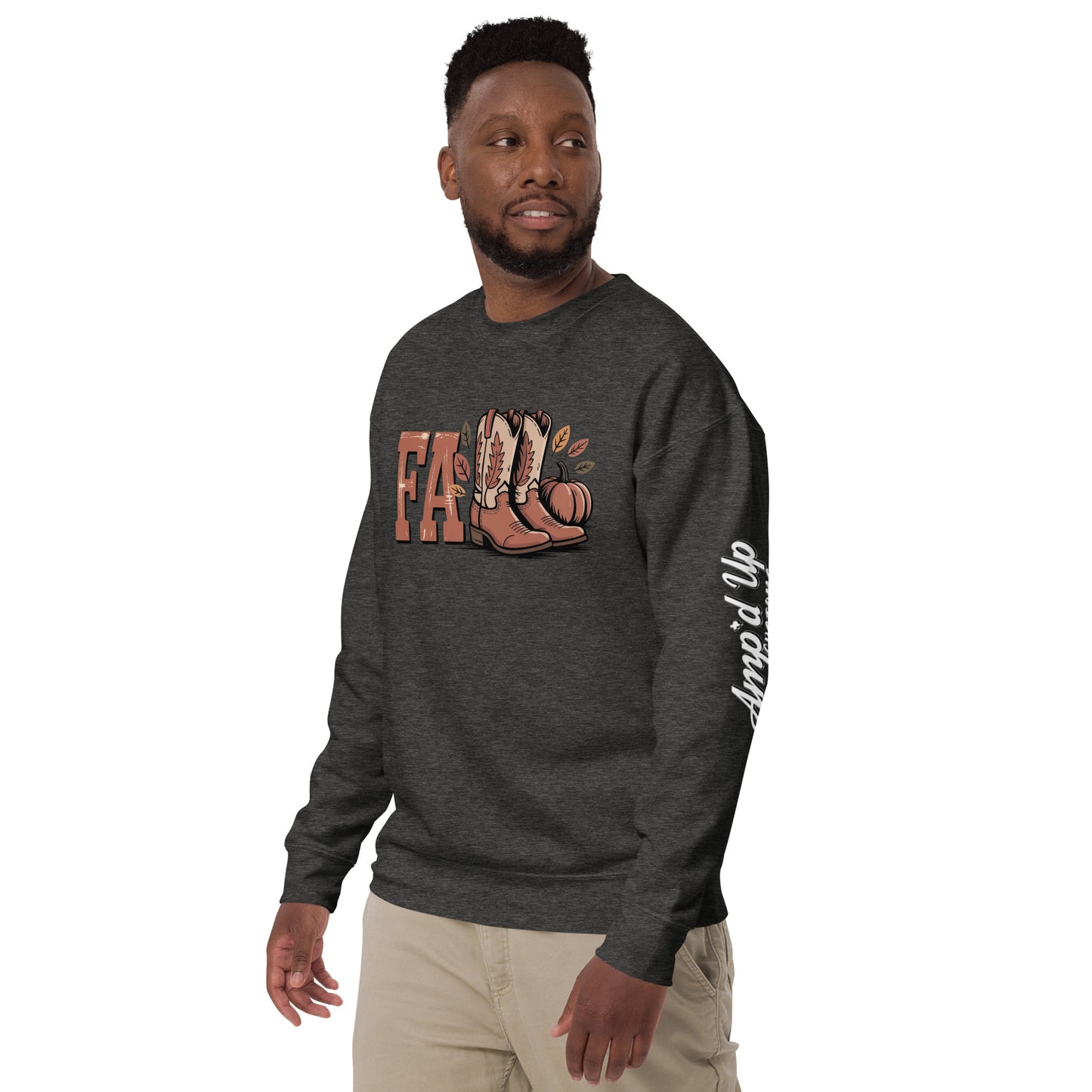 Man wearing dark gray Southern Fall Sweatshirt with fall boots graphic and Amp'd Up Custom sleeve text