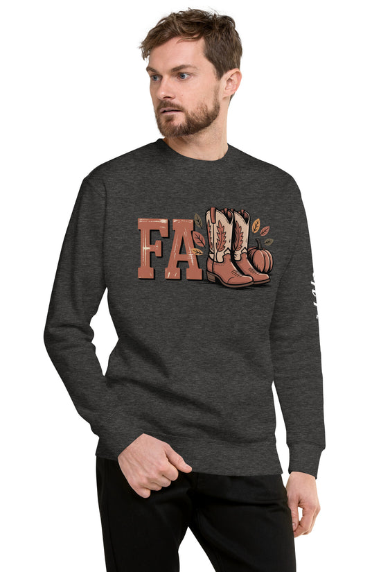 Amp'd Up Custom Southern Fall Sweatshirt in dark gray with boots pumpkin and leaf design