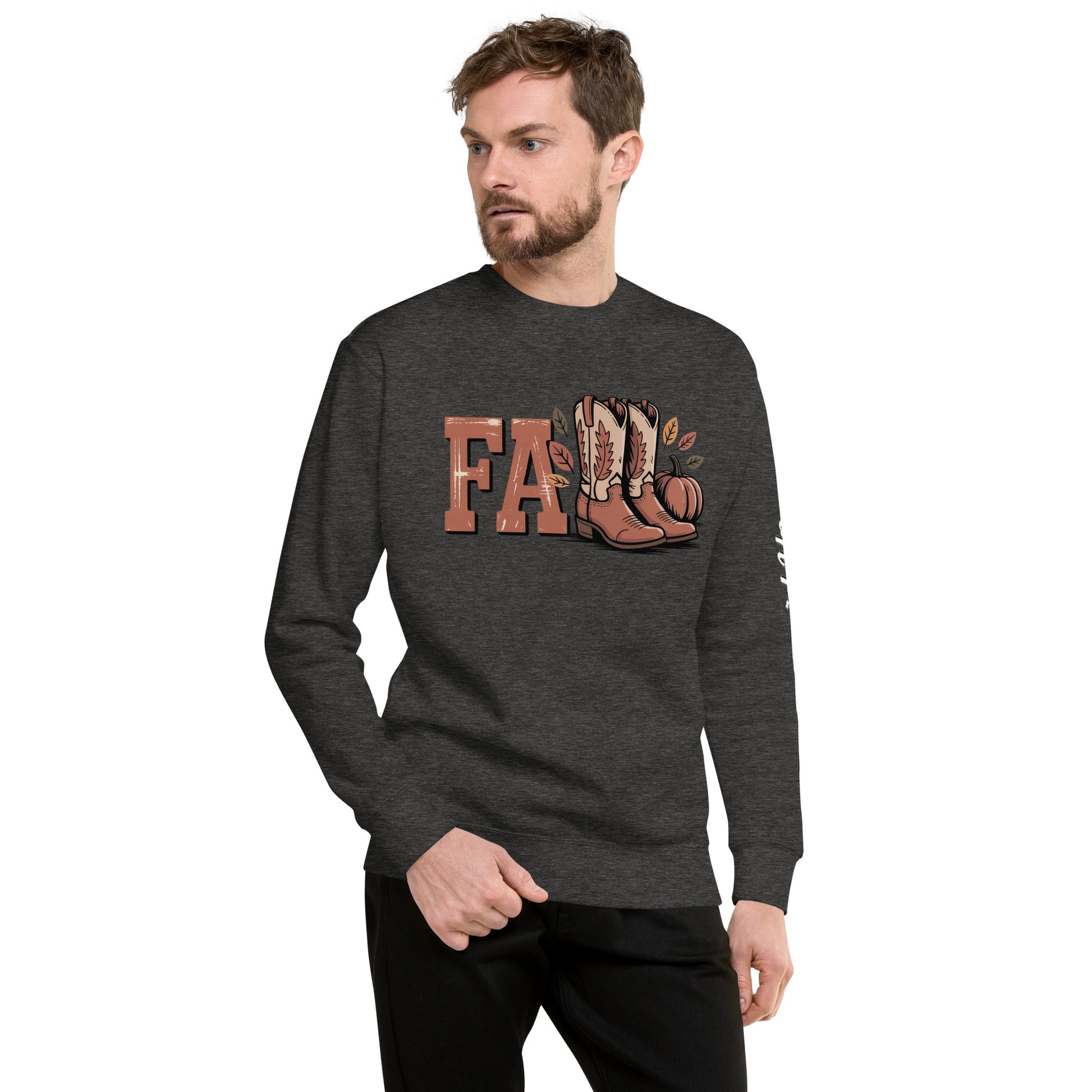 Amp'd Up Custom Southern Fall Sweatshirt in dark gray with boots pumpkin and leaf design
