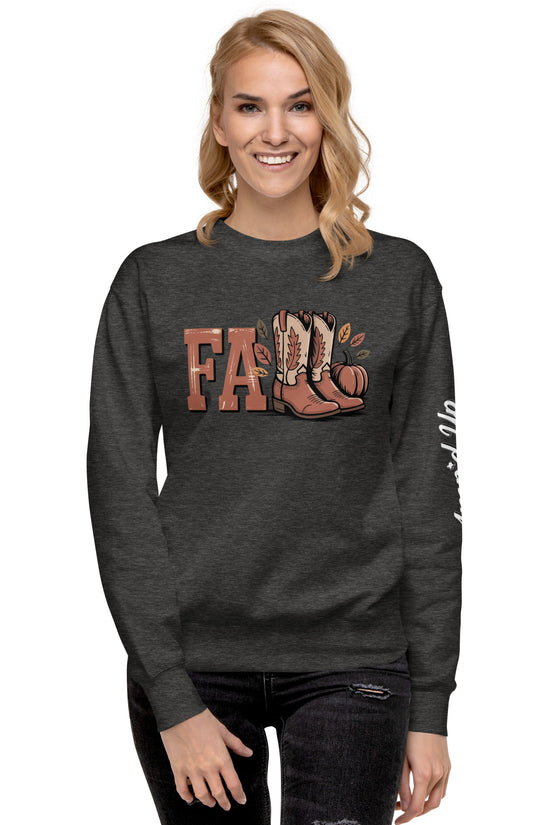 Amp'd Up Custom Southern Fall Sweatshirt in dark gray with fall boots and pumpkin design