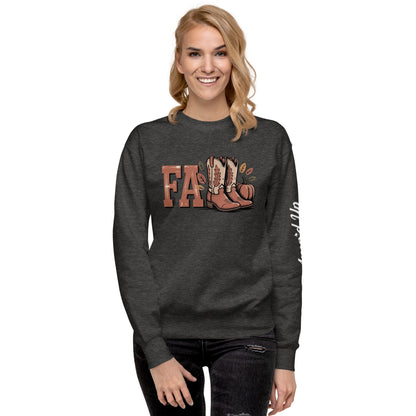 Amp'd Up Custom Southern Fall Sweatshirt in dark gray with fall boots and pumpkin design