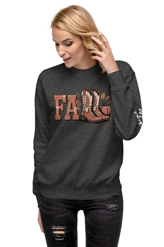 Amp'd Up Custom Southern Fall Sweatshirt in dark gray with fall boots and leaves graphic