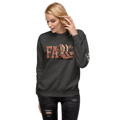 Amp'd Up Custom Southern Fall Sweatshirt in dark gray with fall boots and leaves graphic